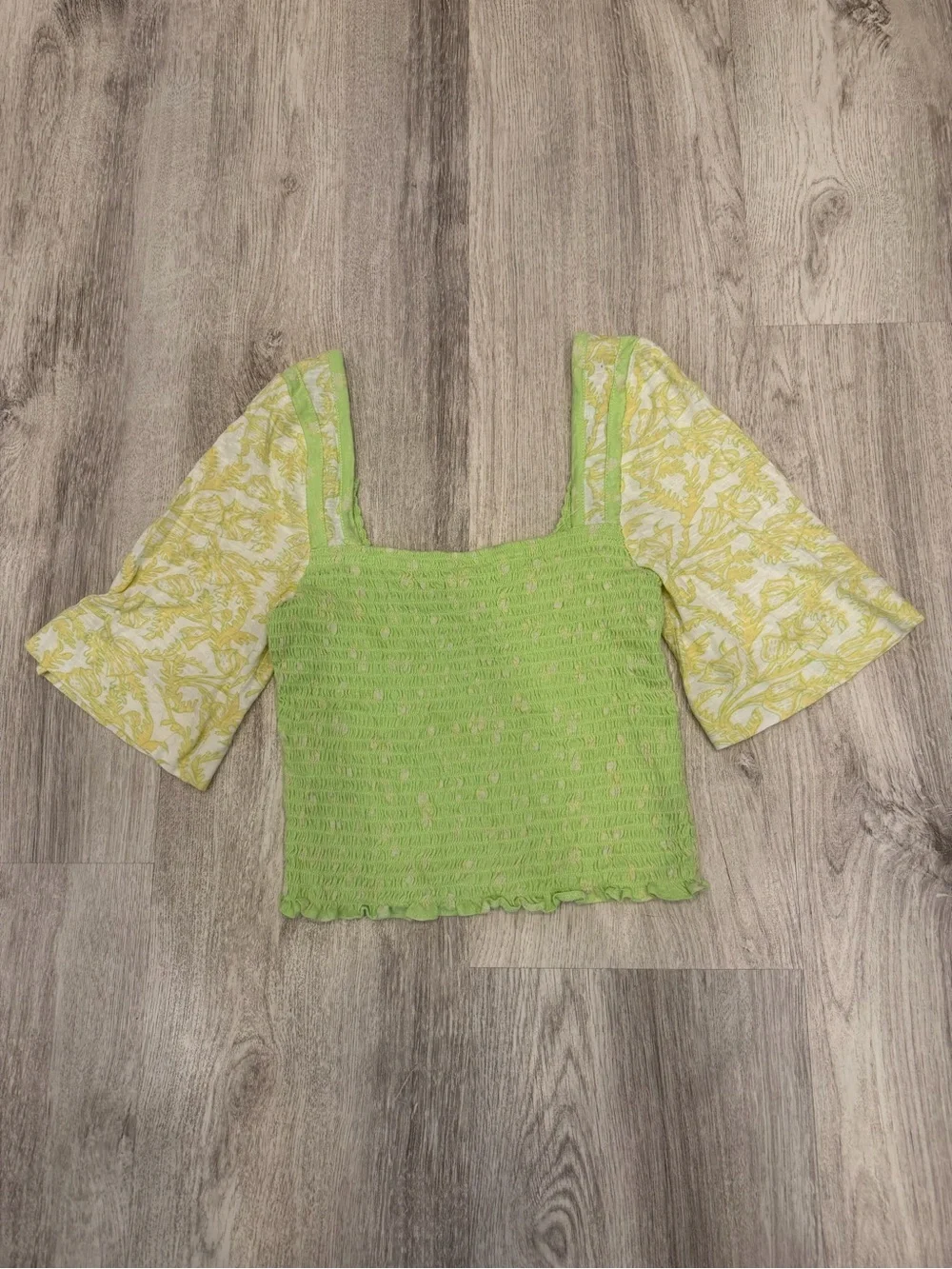 Free People XS Green Smocked Bell Sleeve Crop Top Boho